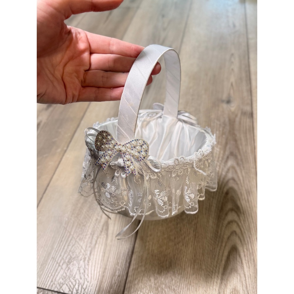 Vintage White Satin Lace Flower Girlβ Basket Faux Pearl Rhinestone Bow Wedding